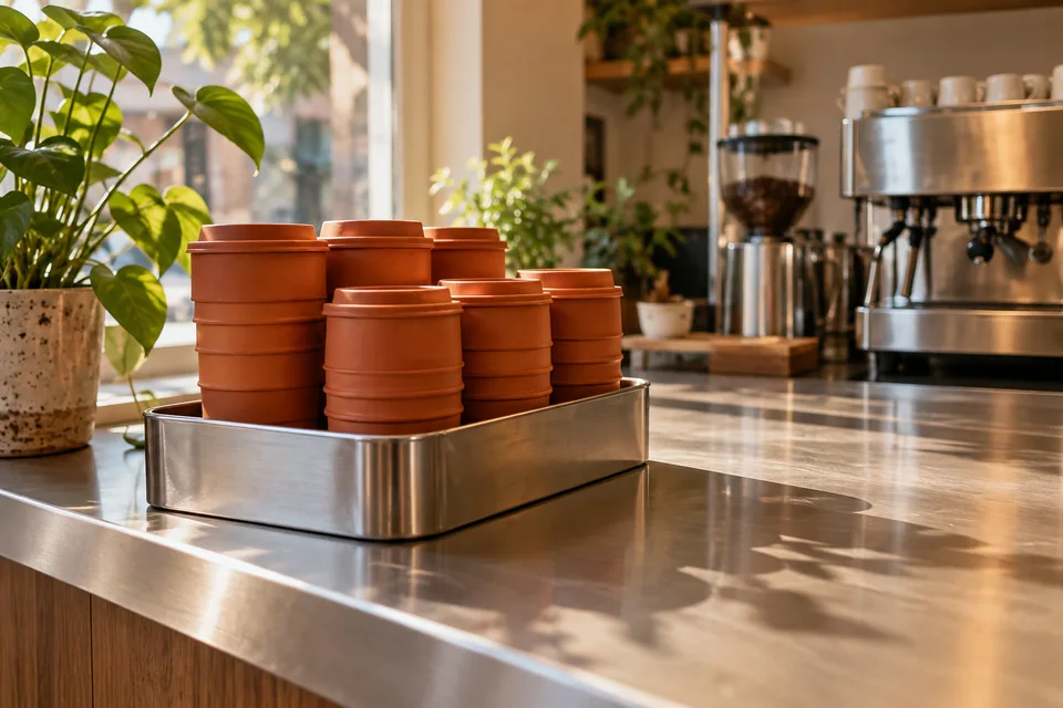 Demo AI cover: reusable cups on a coffee-shop counter