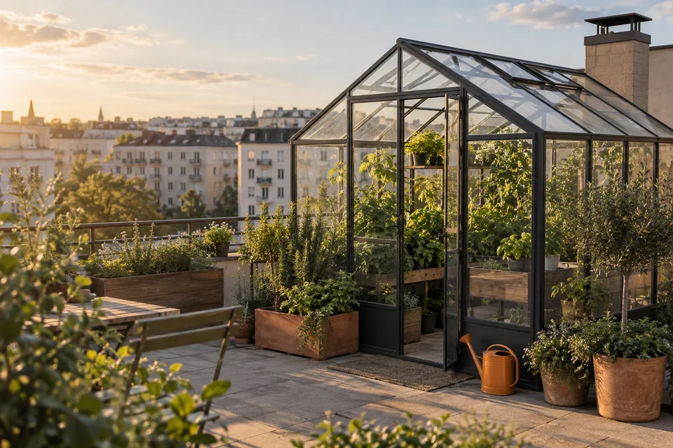 Demo AI cover: a greenhouse on a city roof