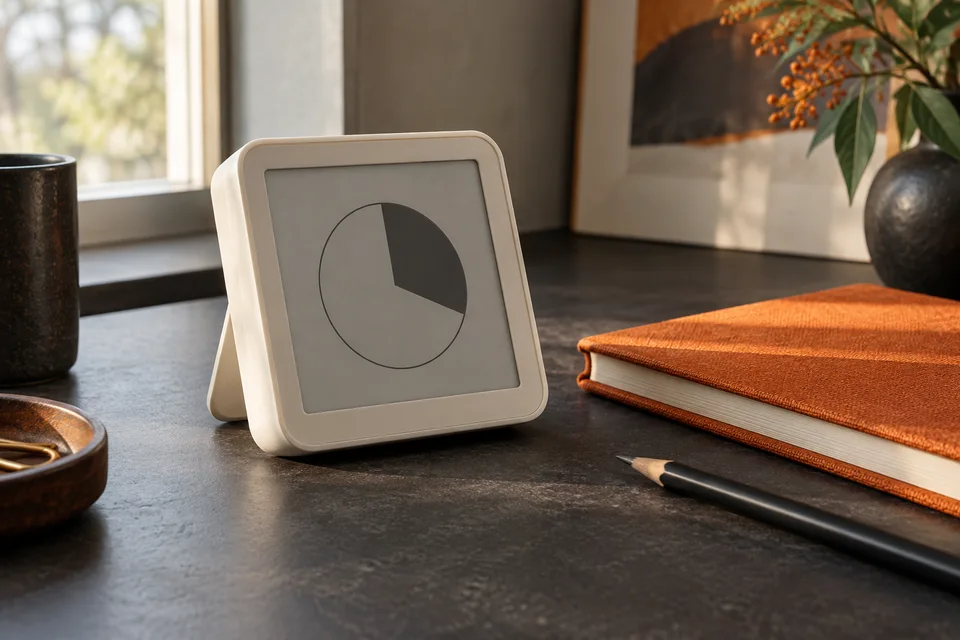 Demo AI cover: a desktop timer with an e-ink screen